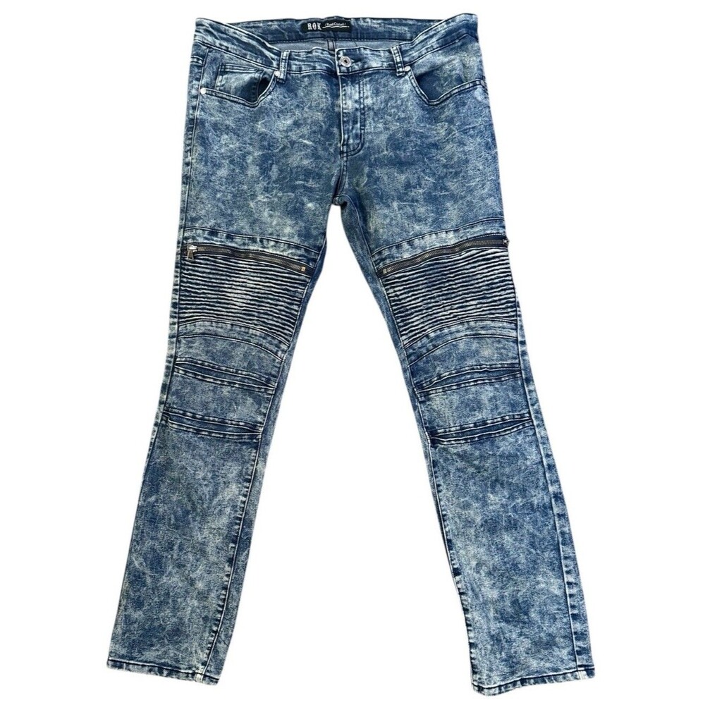 Rok Handcrafted Faded Acid Wash Moto Tapered Leg Zip Pocket Jeans Sz 34 X 32
